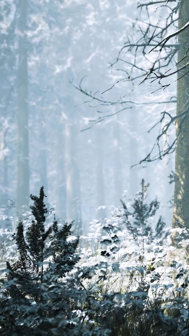 Vinterscene i skov med sne der dækker planter og træer i let tåge.
