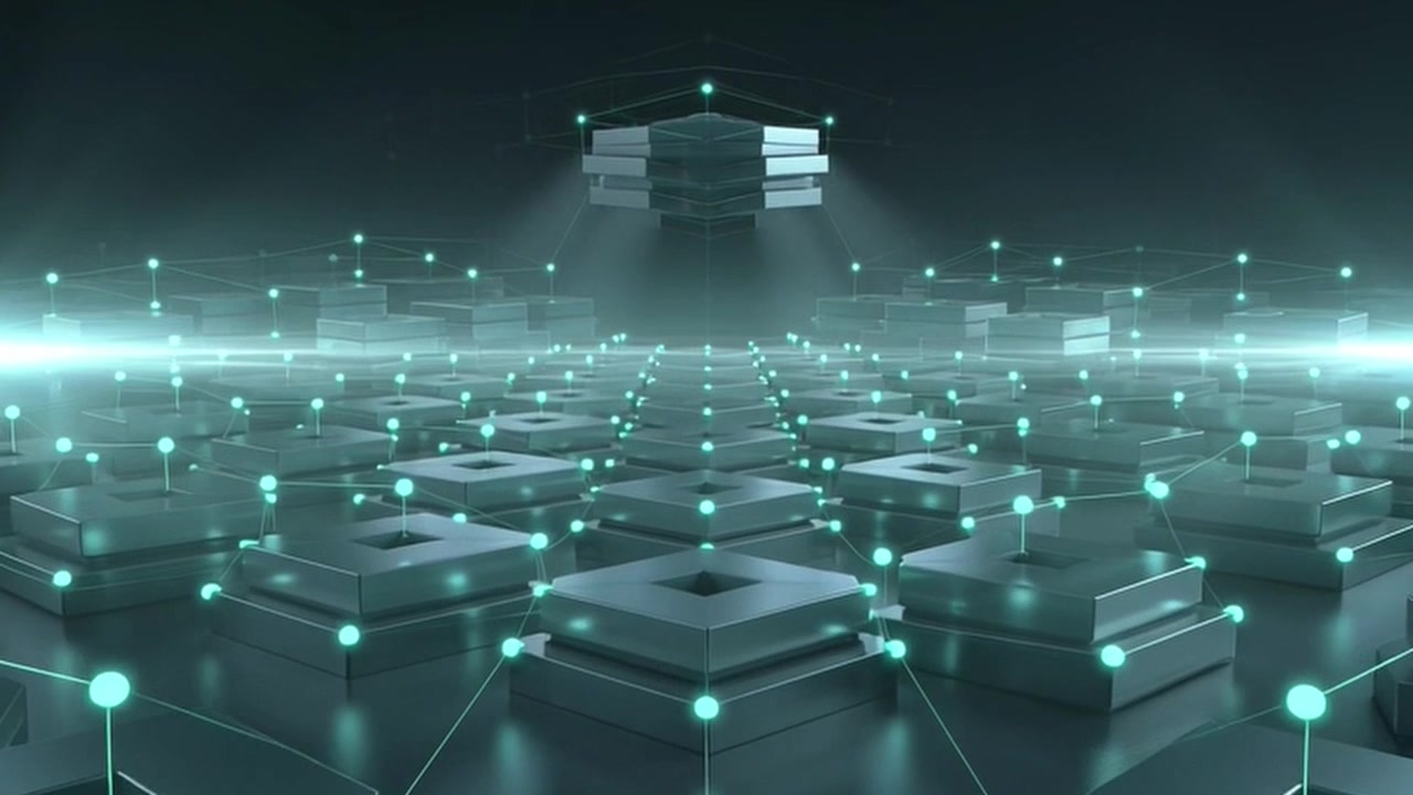 Abstract Digital Network Grid with Glowing Nodes and Floating Data Blocks