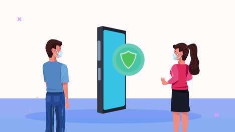 young couple wearing medical masks with smartphone animation