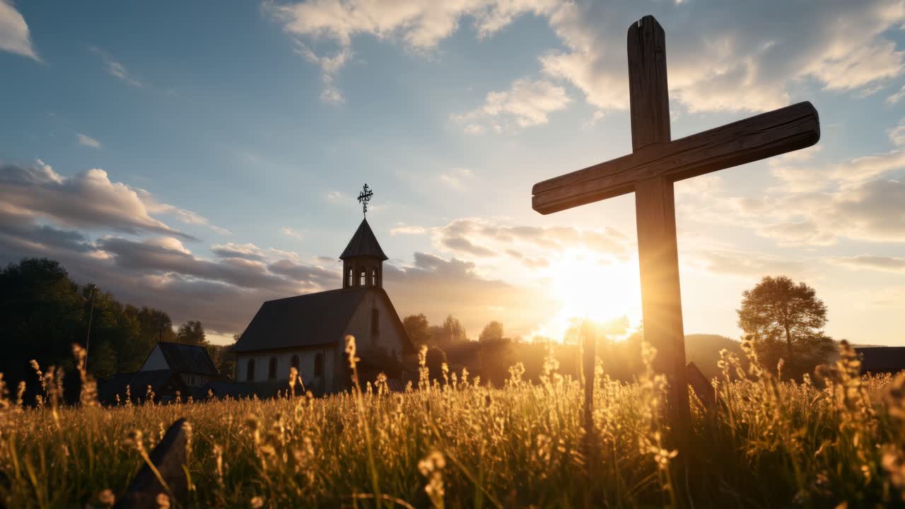A serene sunrise over a rustic church and cross, capturing the tranquil beauty of nature