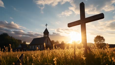 a serene sunrise over a rustic church and cross, capturing the tranquil beauty of nature