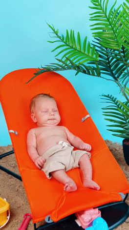 cute caucasian infant wearing beige shorts only lies in a baby chair. little kid starts to cry. improvised beach vacation concept. vertical video