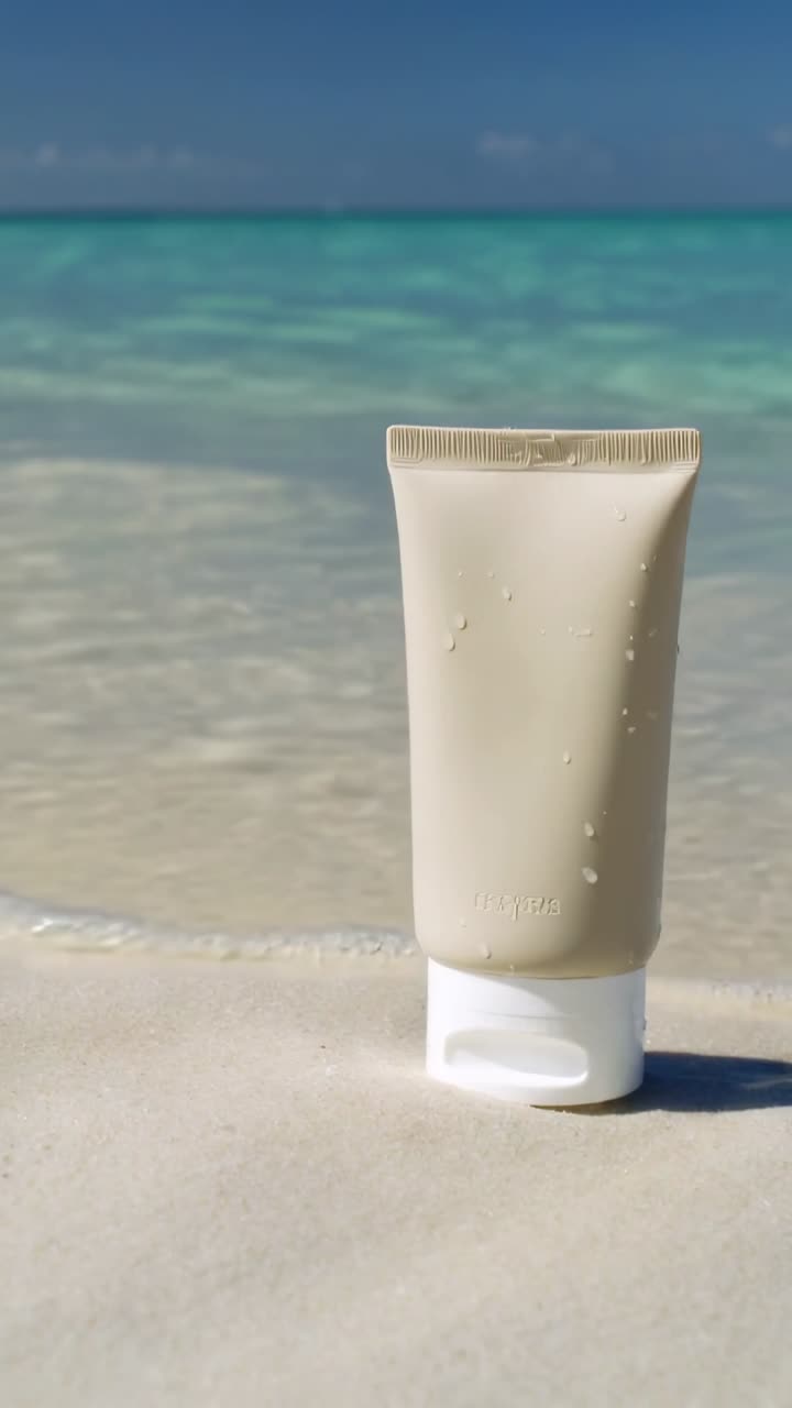 Vertical video: Washing cream tube, incoming wave covering white cap on beach leaving droplets