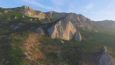 majestic mountain range with rock face and forest