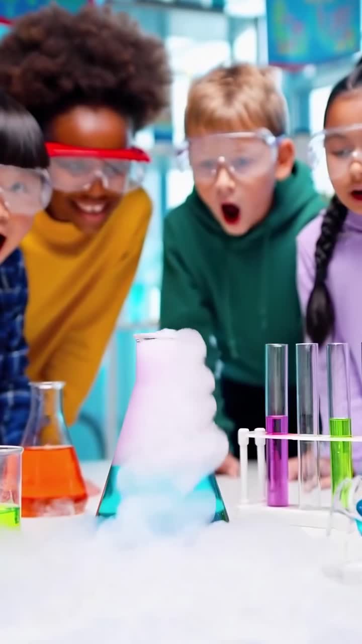 A vibrant video of kids in goggles, excitedly observing colorful chemistry experiments