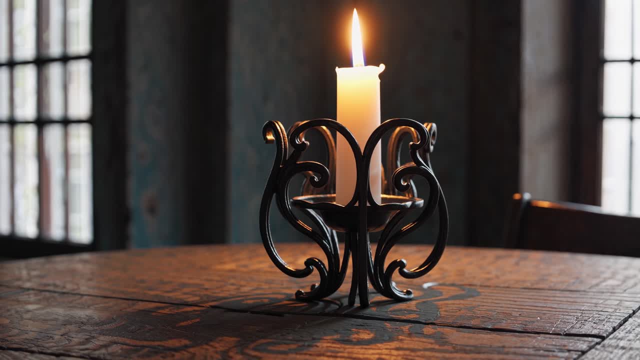 A lit candle in an ornate holder on a rustic table, captured at eye level