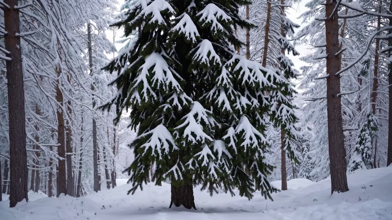A serene winter forest scene with snow-covered trees, captured from a low-angle perspective