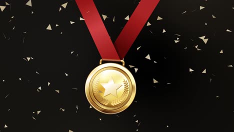 golden medal with red ribbon and confetti