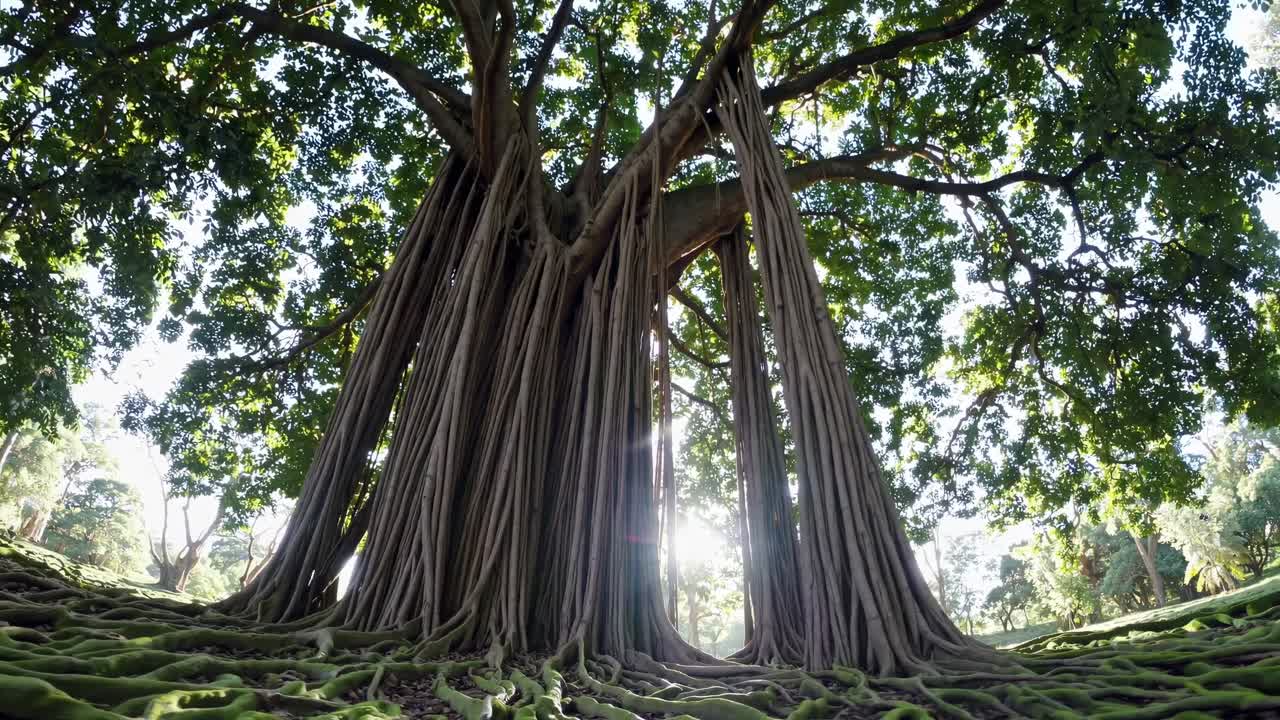 Low-angle video shot of a majestic banyan tree with sprawling roots and sunlight filtering