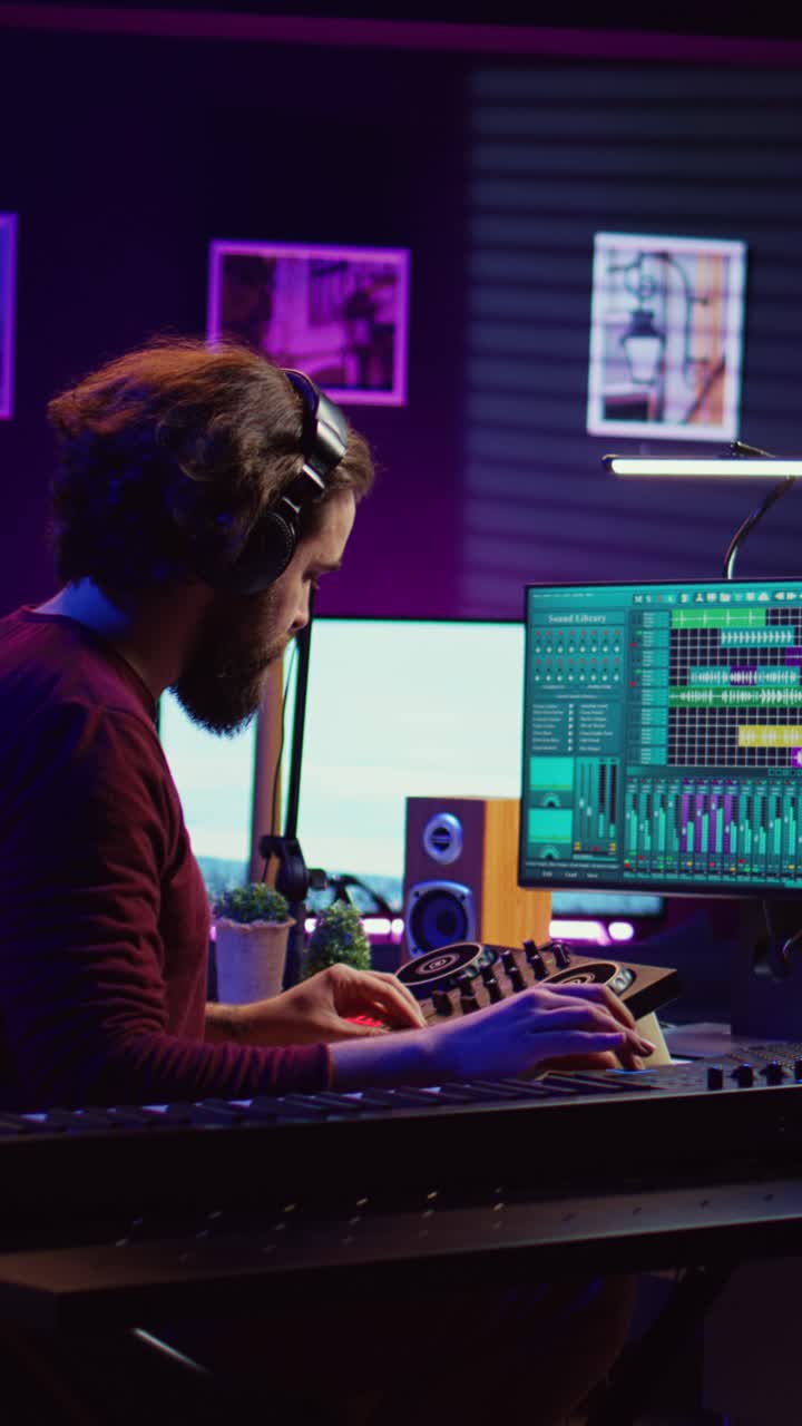 Man Producing Music with DJ Controller and Keyboard