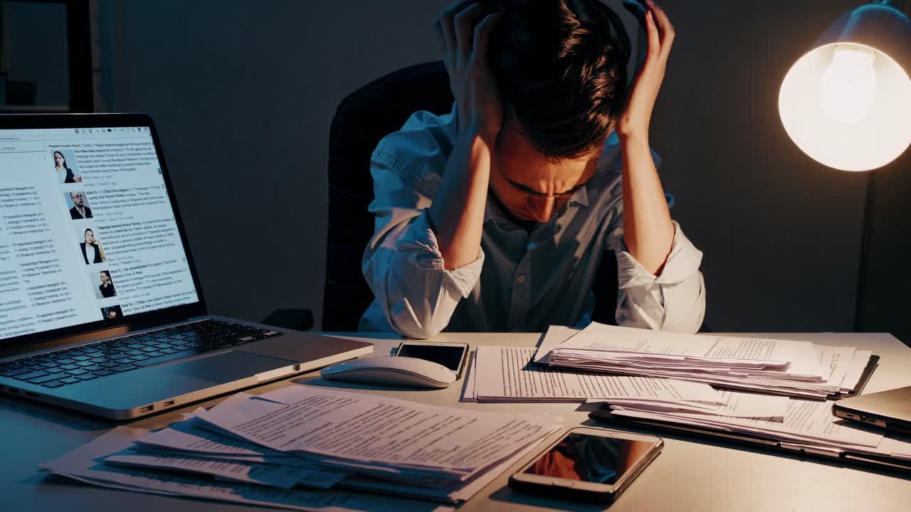 A stressed person at a cluttered desk, head in hands, under a lamp's glow