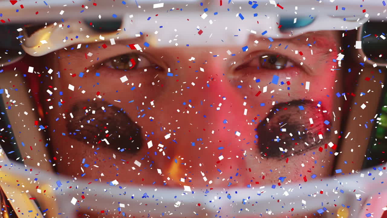 animación de confeti cayendo sobre un jugador de fútbol americano con fondo de neón