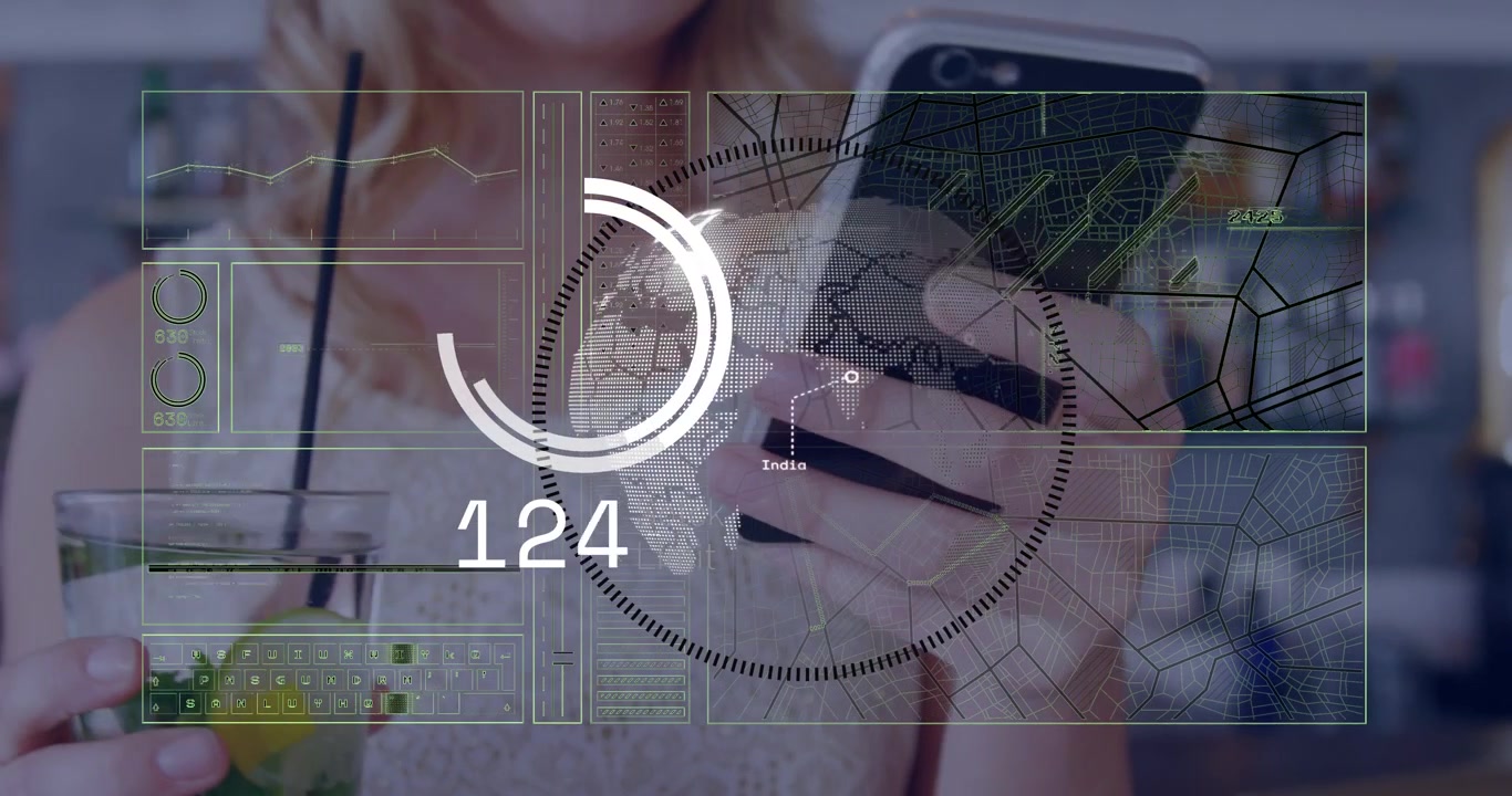 Woman Using Smartphone with Augmented Reality Data Overlay