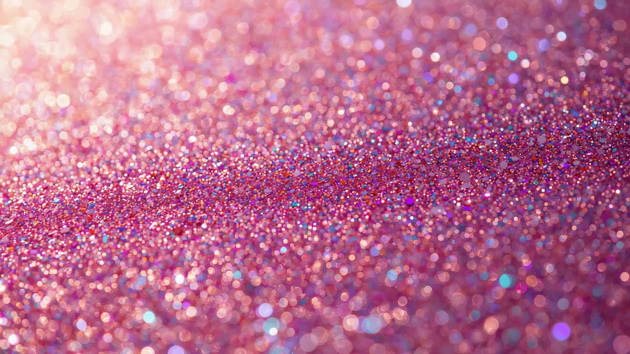 Pulling focus camera moving right, revealing holographic glitter midplane in studio with bokeh edge