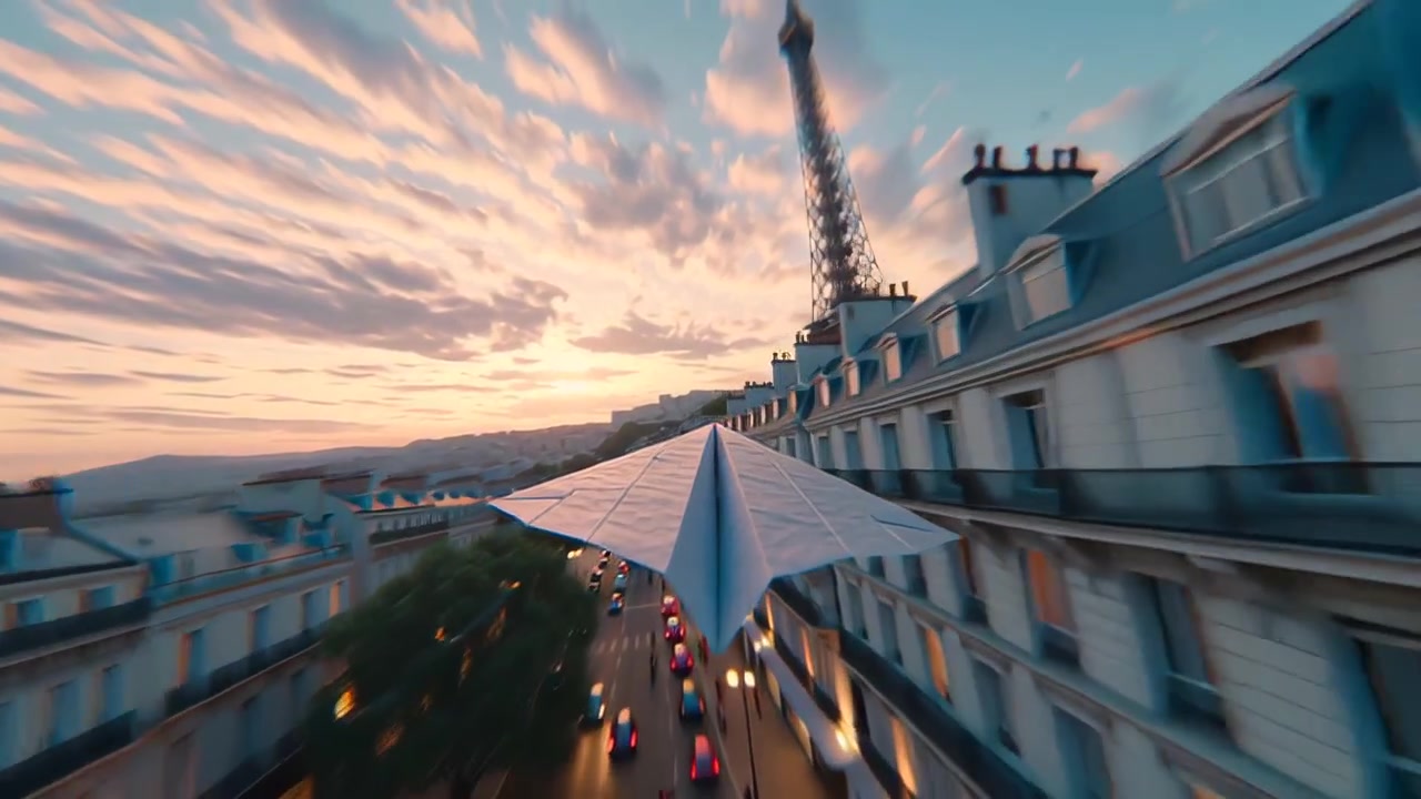 Filmato dinamico in soggettiva di un aeroplano di carta che plana sopra una strada urbana al tramonto, con un forte effetto mosso e un cielo caldo, a simboleggiare libertà, viaggio e creatività.