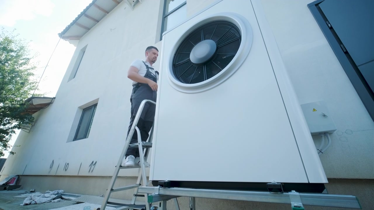 Technician Installing Heat Pump Unit on Residential Exterior Wall