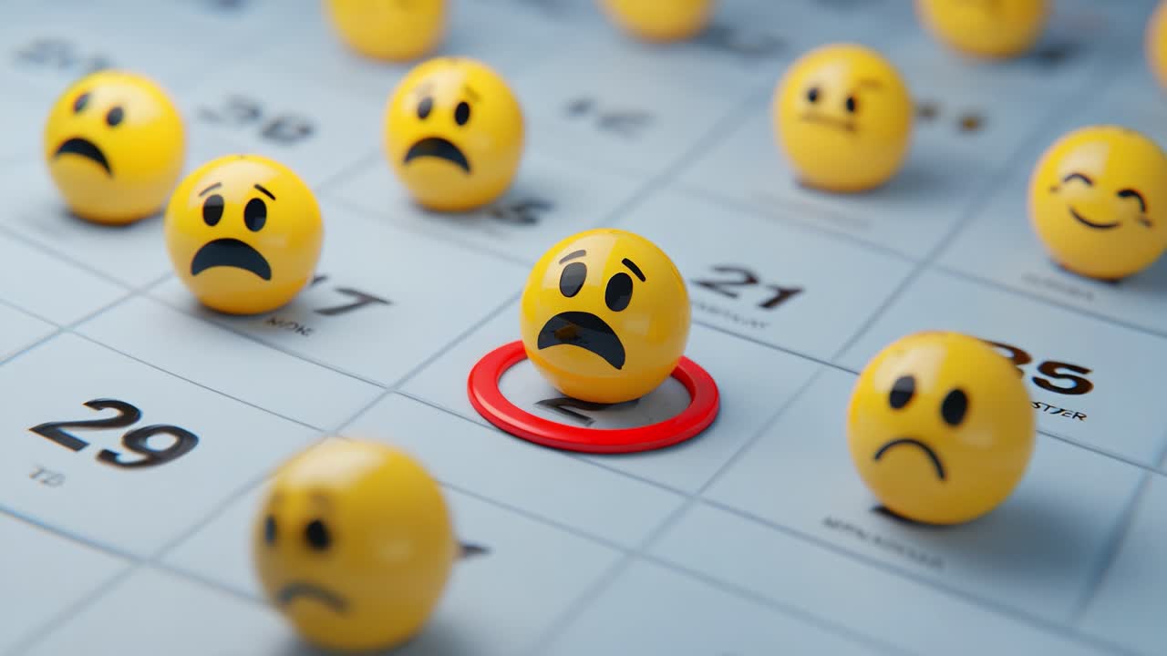 Emotions and Time: A Representation of Mood Variability Captured on a Calendar with Yellow Balls Expressing Different Feelings, Highlighting Moments of Sadness and Unease