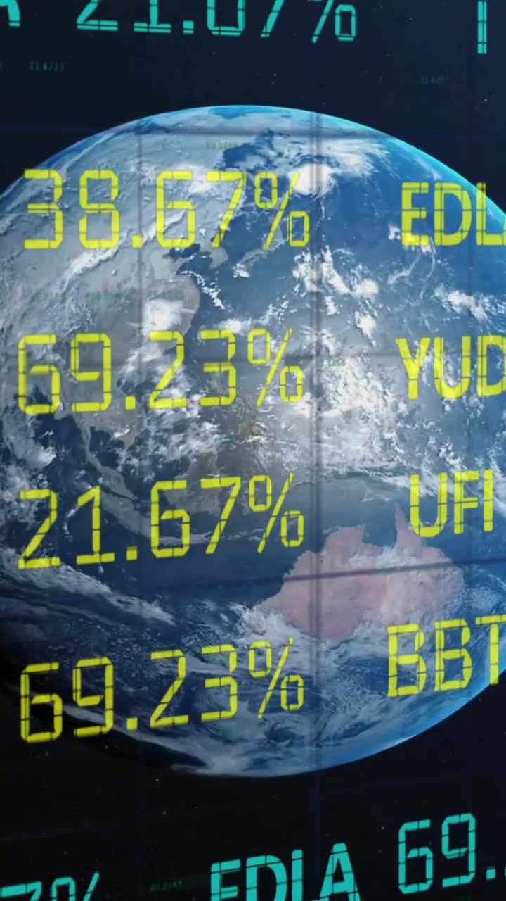 Animazione di elaborazione dati finanziari su un globo su sfondo blu.