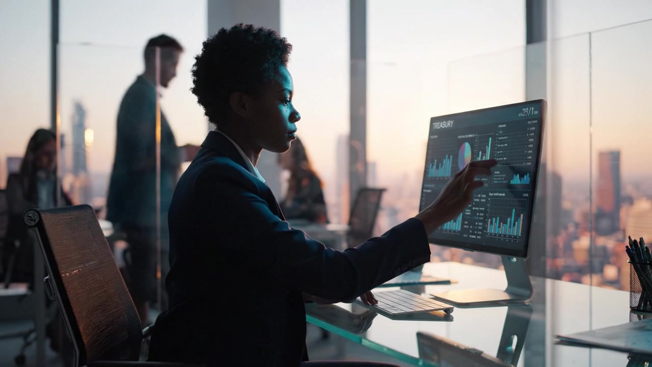 Focused Business Professional Analyzing Data on Computer Screen in Modern Office with Cityscape View During Sunset Hours
