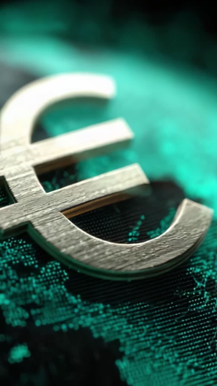 Primo piano di un simbolo dell'euro dorato su uno sfondo digitale verde, che rappresenta la valuta e la tecnologia finanziaria nell'economia moderna