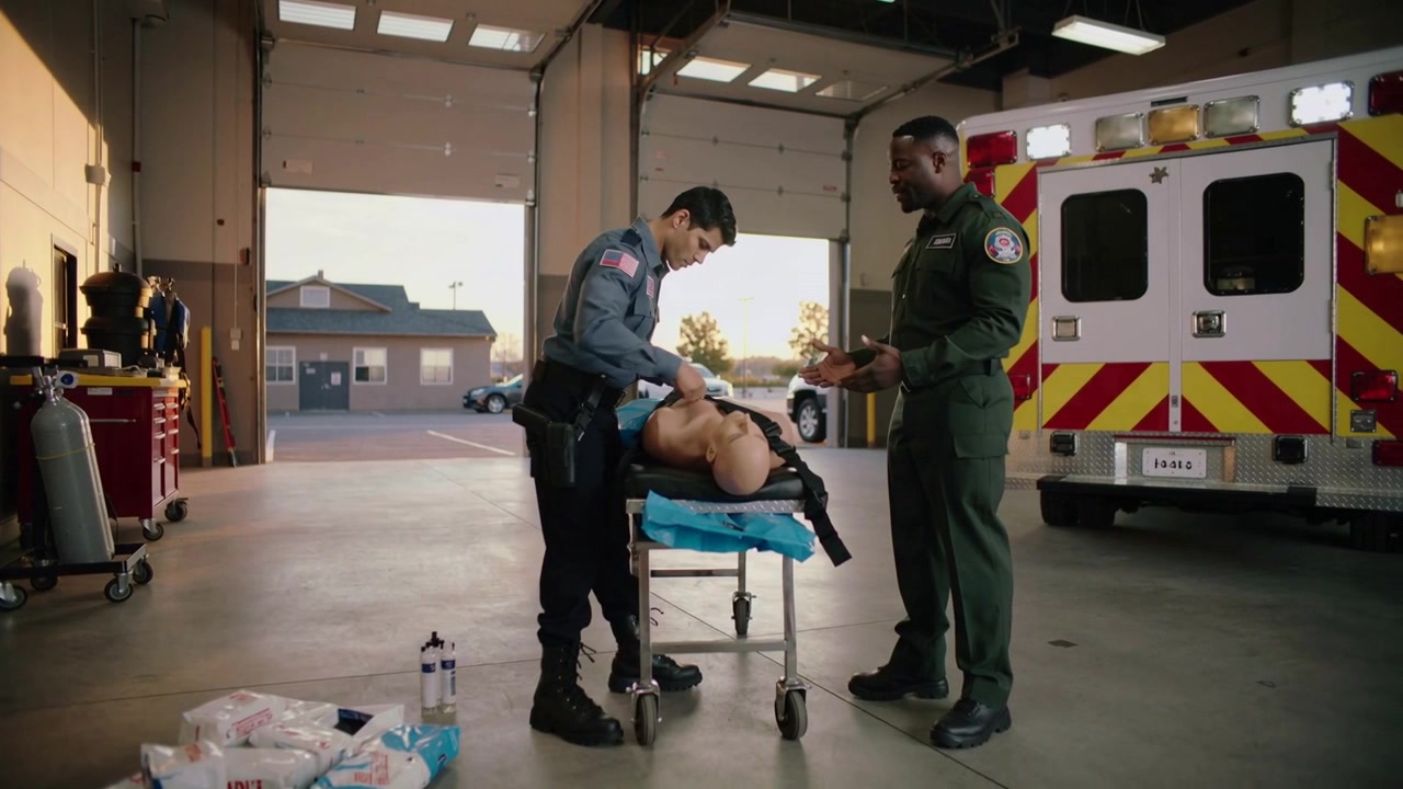 Início de treinamento, socorrista de uniforme cinza prendendo manequim em maca na baia, com ambulância