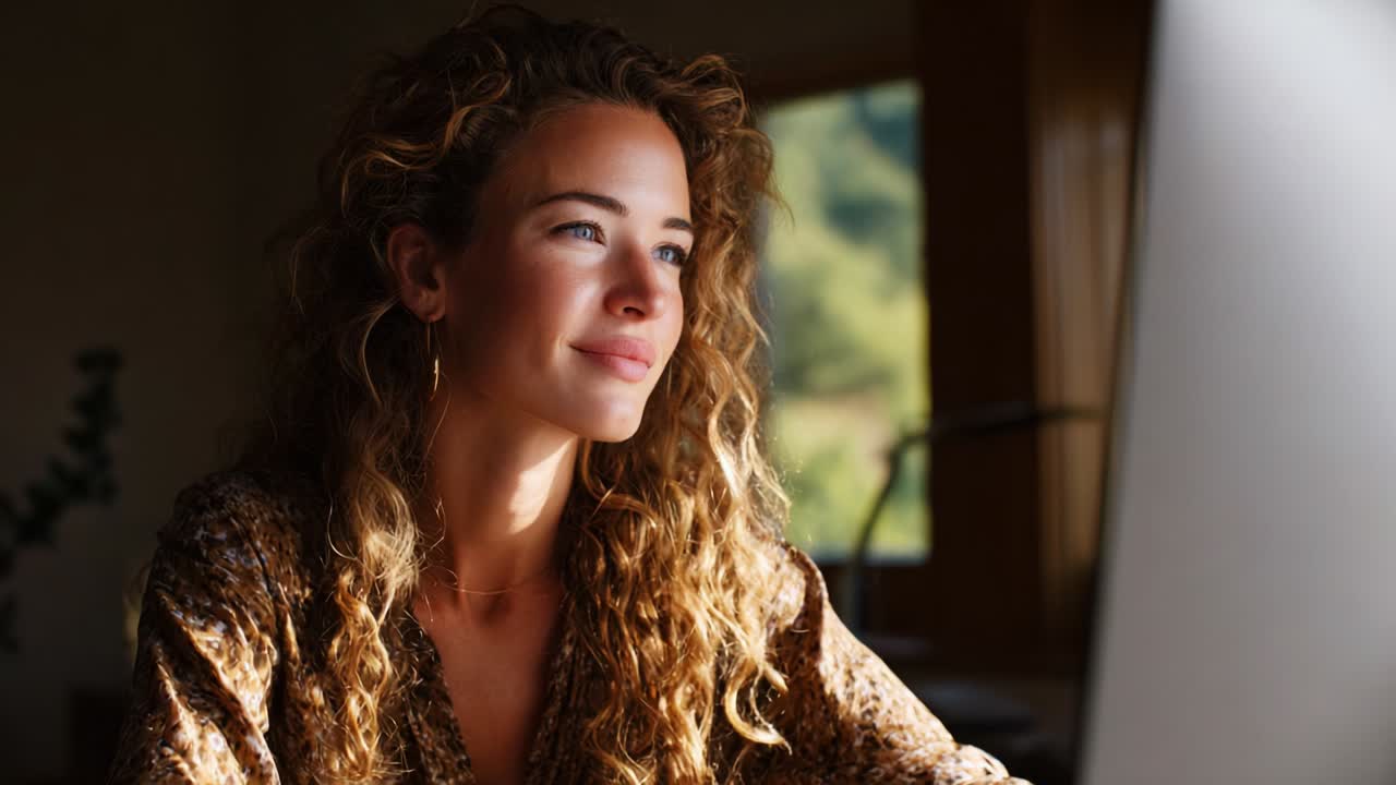 A radiant young woman with curly hair gazes thoughtfully at her computer screen, illuminated by soft and warm lighting in a cozy indoor environment that fosters creativity and inspiration