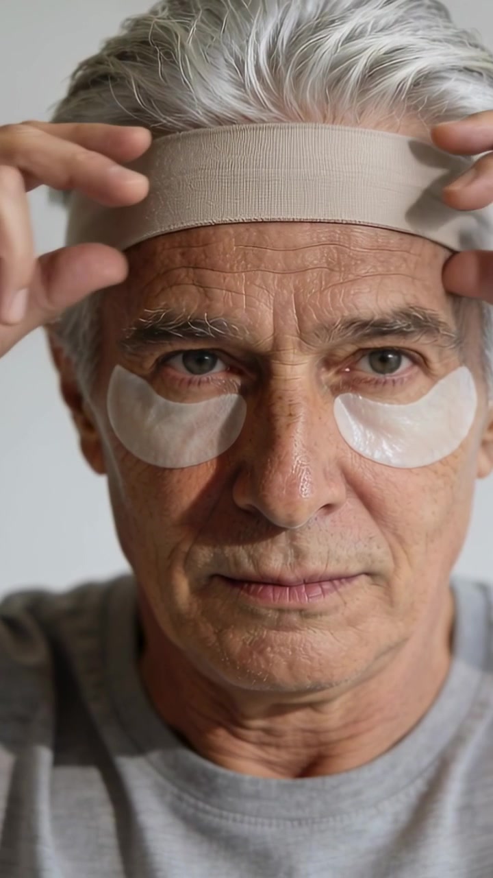 Video verticale: Inizio della cura personale, uomo in camicia grigia che sistema le ciocche, togliendo una fascia per capelli davanti allo specchio.