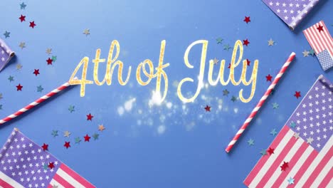 animation of 4th of july text over flags of united states of america on blue background