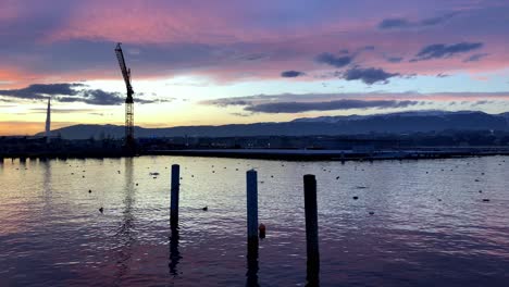 peaceful geneva harbor pan shot at sunset