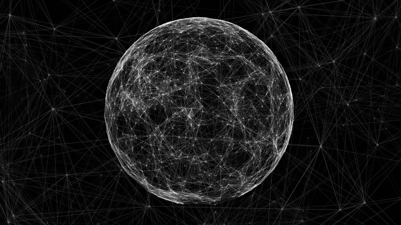 Spherical translucent cell floating on black with geometric red shapes