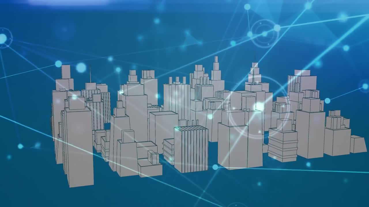 Animation of network of connections over digital city