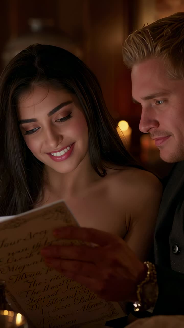 Video verticale: coppia che legge un biglietto d'amore, si sporge sorridendo in casa con una candela, in abito elegante, con orologio