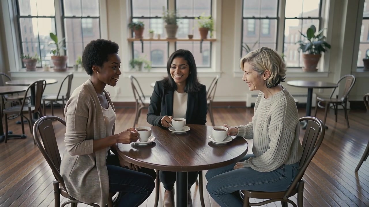 Sipping together three women center wearing blazer starting conversation at cafe with white cups