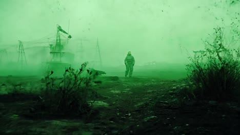 post-apocalyptic wasteland scene with a scientist