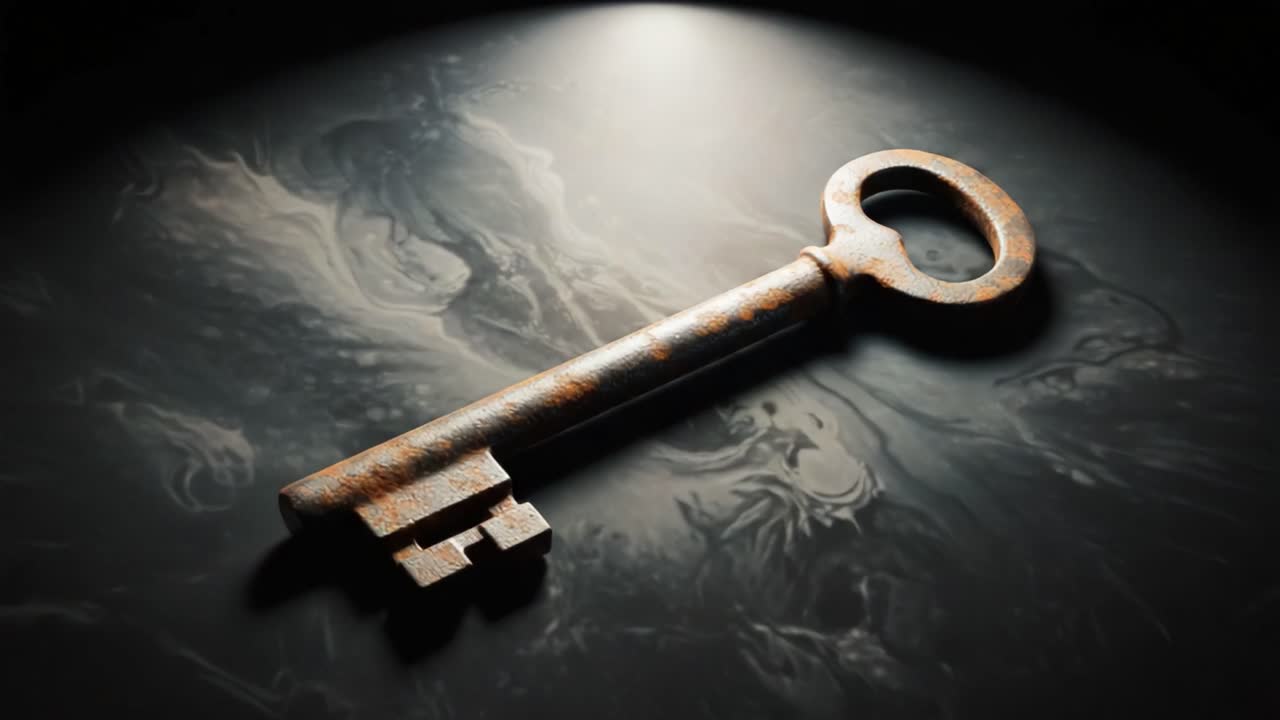 A Rusty Vintage Key Glimmers Under a Spotlight, Showcasing Intricate Details and Textures Against a Dark, Mysterious Background