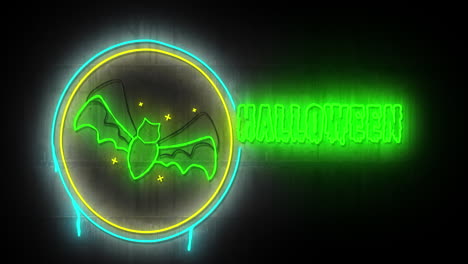 animation of halloween text and bat in green neon with blue and yellow rings on black background