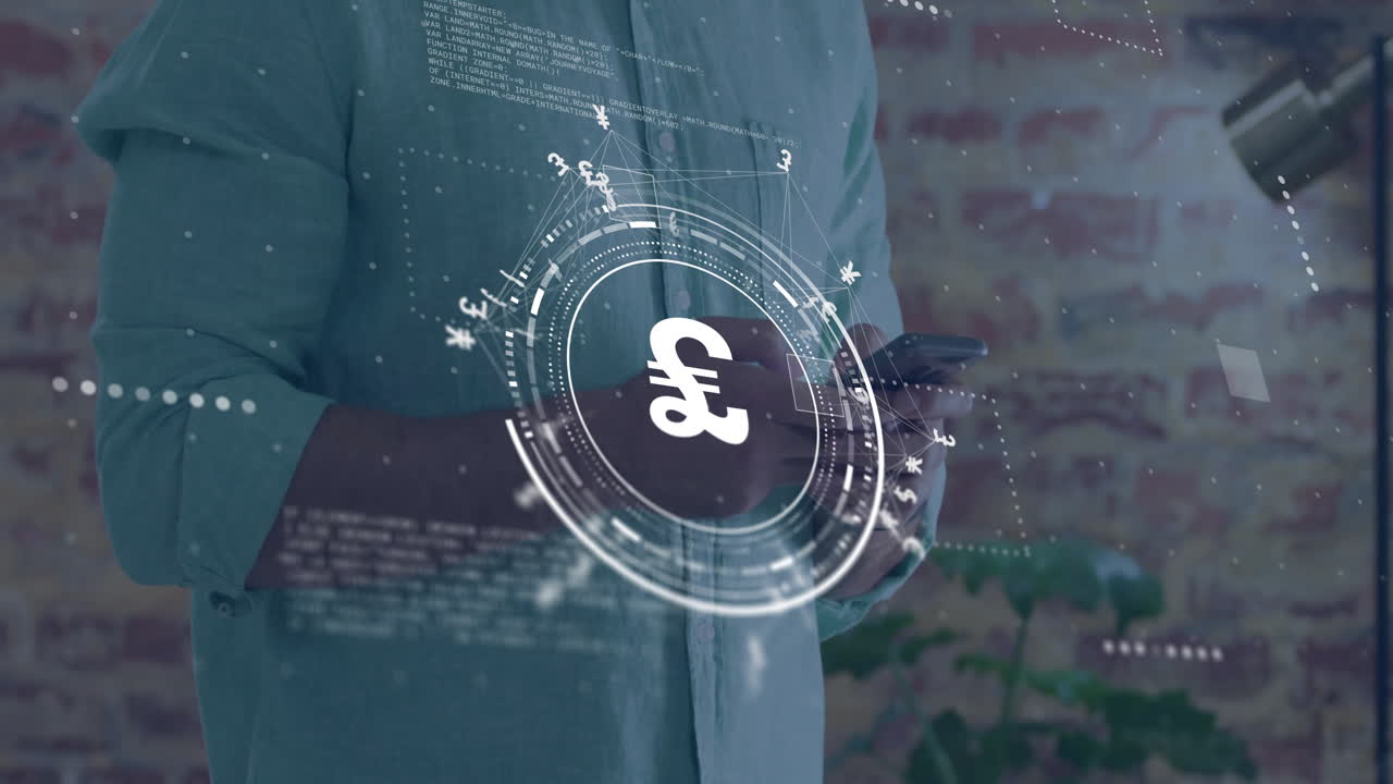 스마트 폰을 사용하는 백인 남성에 대한 연결 및 파운드 통화 기호의 애니메이션