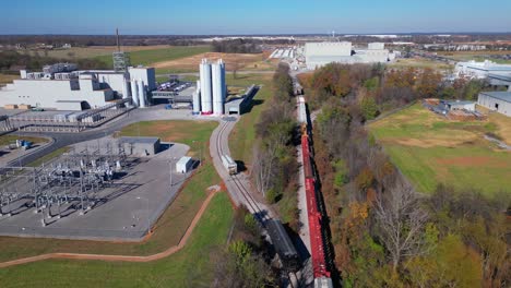 aerial, train rail leading to industrial factory