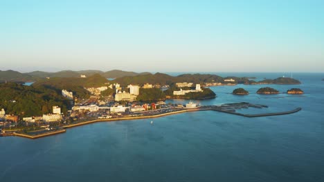 toba bay and islands in pacific ocean of japan, 4k aerial shot on sunny day