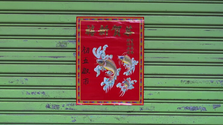 Un poster rosso di buon auspicio per il Capodanno Lunare è appeso a una saracinesca verde chiusa di un negozio a Hong Kong, Cina. Lo scatto illustra tradizioni festive, chiusure aziendali per le festività e usanze culturali cinesi locali.