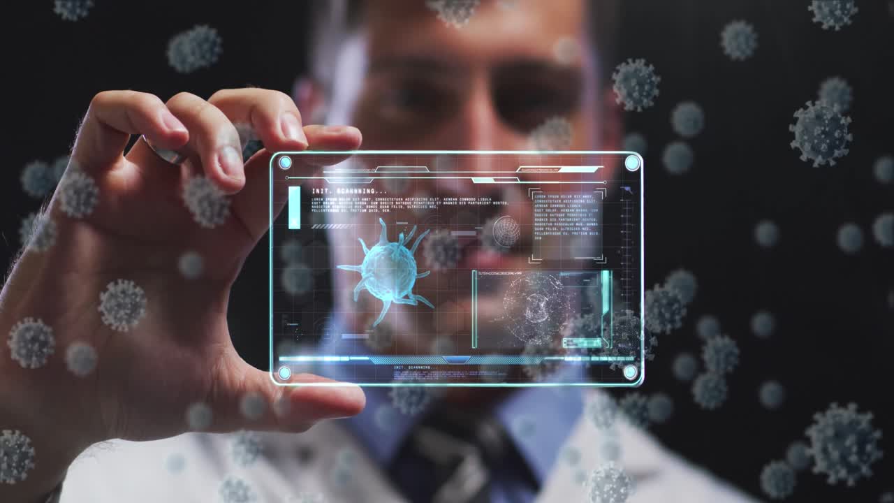 animación de las células del virus y interfaz digital sobre el médico masculino