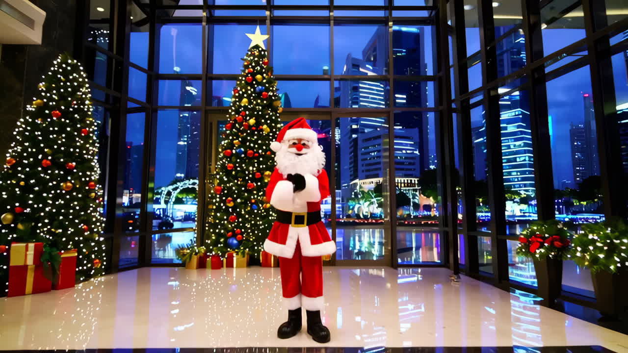 Santa in Modern City Lobby at Christmas