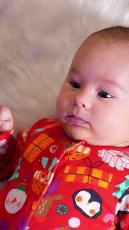 calm peaceful baby boy in red shirt lies on soft plaid under new year tree. sweet child looks up at shiny decoration ball hanging over him. view from above. vertical video