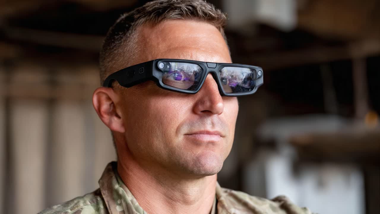 Soldier Demonstrates Advanced Augmented Reality Glasses, Showcasing Cutting-Edge Military Technology for Enhanced Situational Awareness and Tactical Advantage