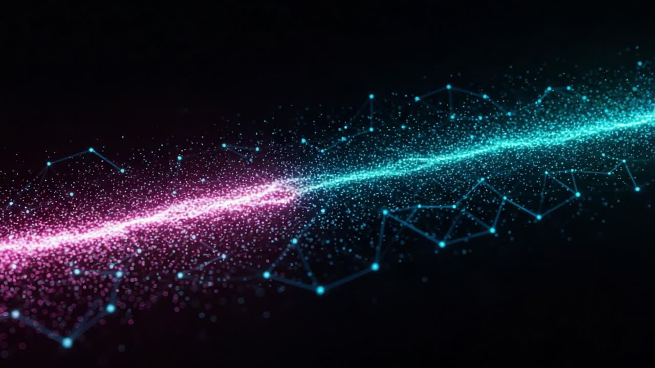 A Stunning Visual Display of Abstract Data Transformations with Sparkling Light Trails and Dynamic Particle Patterns in a Cosmic Digital Landscape
