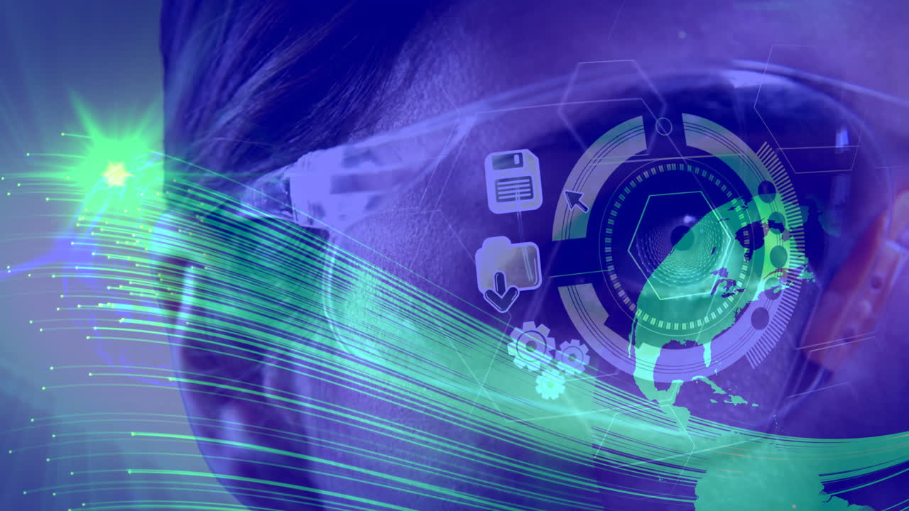 animación de luces y mapa sobre iconos de medios en el ojo de la mujer con gafas vr utilizando la interfaz