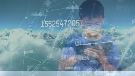 animation of numbers changing and network of connections with schoolboy using tablet