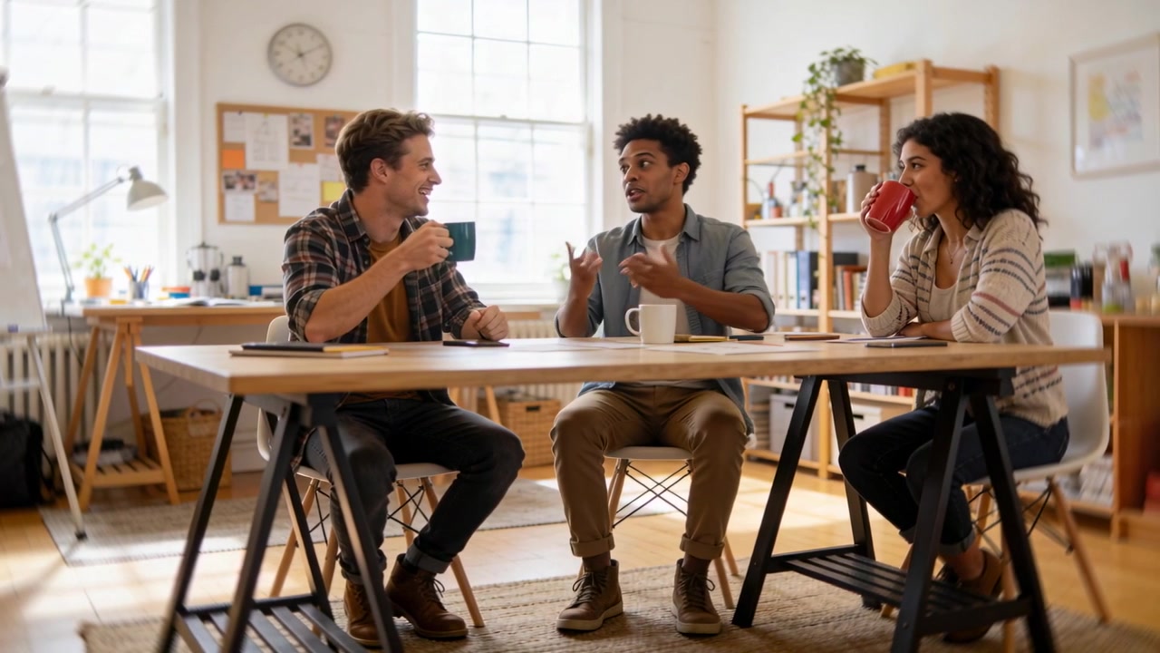 Starting left speaker gesturing with blue mug at office table, casual team discussing project