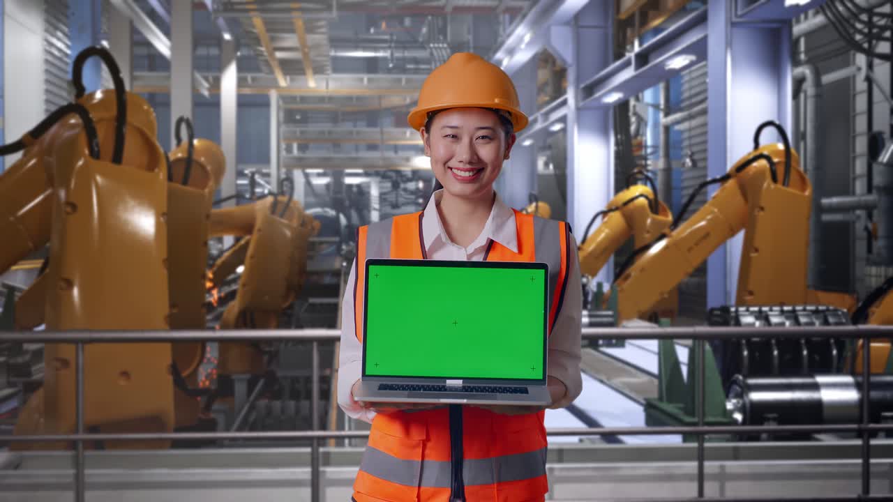 Asian Female Engineer With Safety Helmet Smiling And Showing Green Screen Laptop To The Camera With Industrial Robotic Arms Working