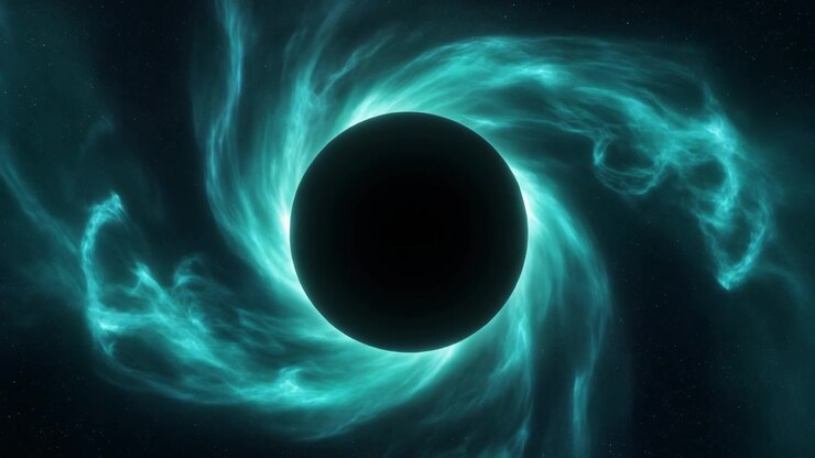 Black Hole Surrounded by Glowing Cyan Nebula in Deep Space